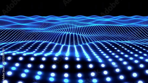 Futuristic Digital Landscape Glowing Blue Dots Forming Wave Patterns with Depth and Motion Against Dark Background, Evoking Innovation and Technology