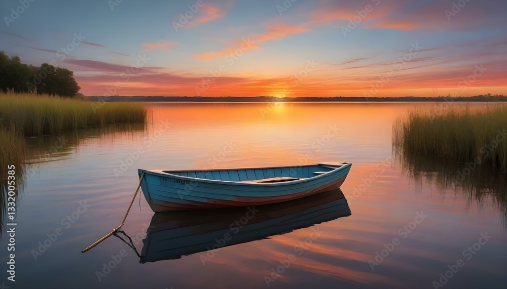Naklejka premium A long shot captures a small, light blue rowboat resting on the edge of a body of water, with a vibrant sunset painting the sky in the background