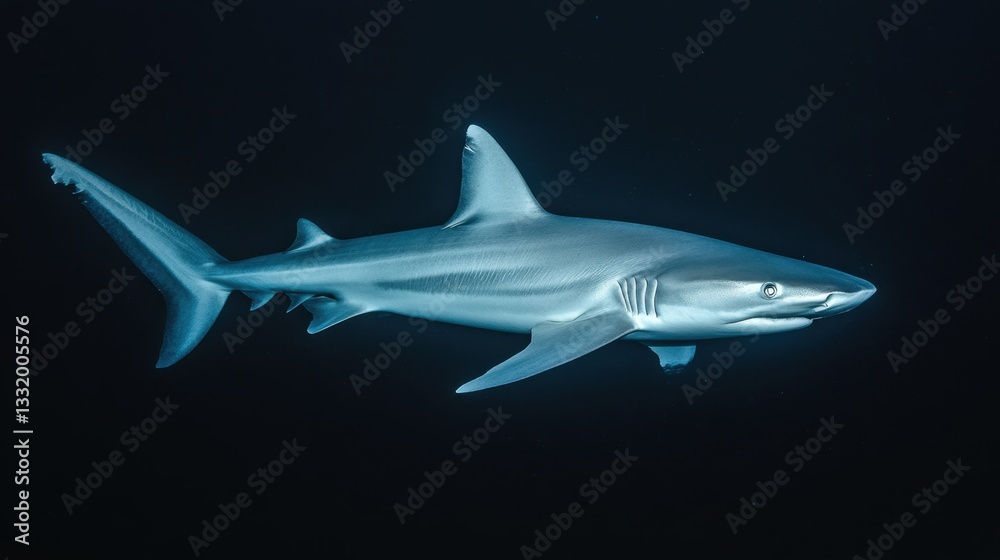 Fototapeta premium A rare albino shark gliding through deep, dark blue waters