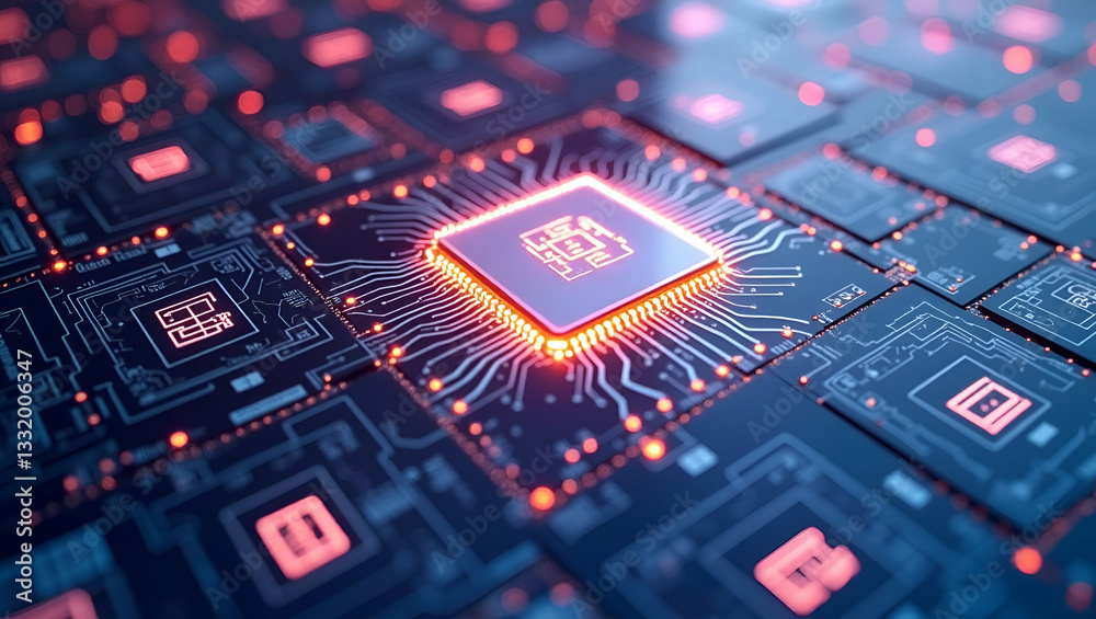 Fototapeta premium Merge Microchip Outlines with Tech Icons in Layered Tile Patterns for Software Branding Visuals