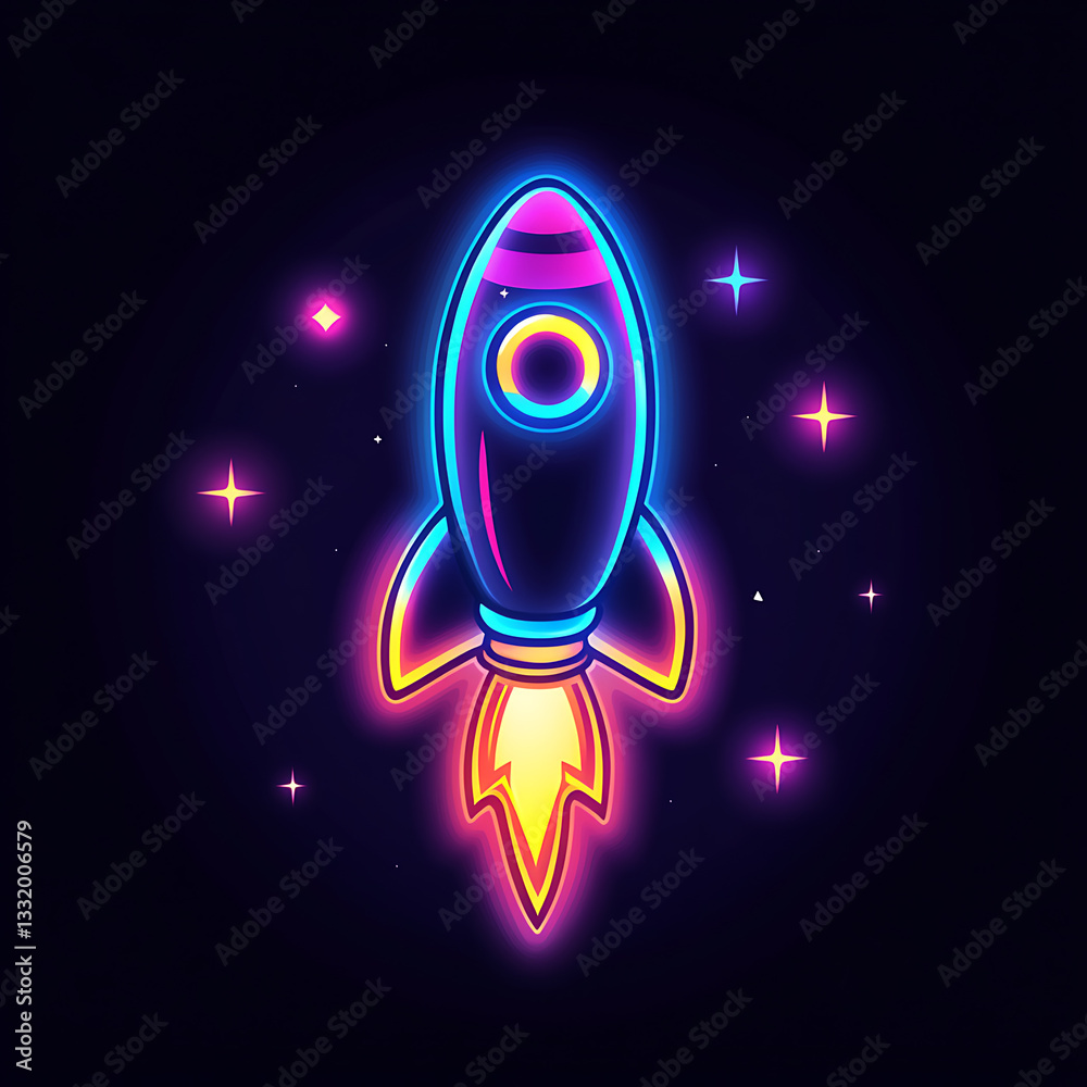 Colorful neon rocket launching against a dark background, showcasing vibrant glow and dynamic energy of space exploration
