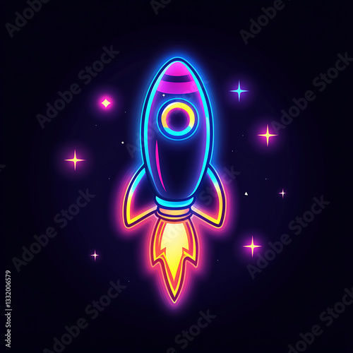 Obraz na płótnie Colorful neon rocket launching against a dark background, showcasing vibrant glow and dynamic energy of space exploration w salonie