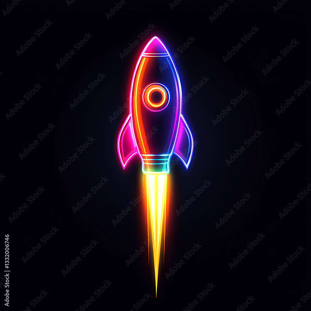 Colorful neon rocket launching against a dark background, showcasing vibrant glow and dynamic energy of space exploration