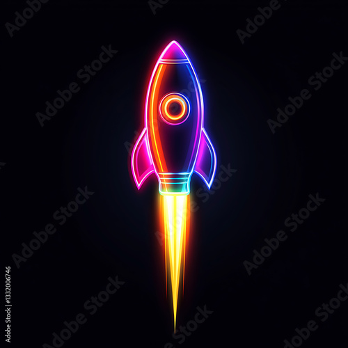 Obraz na płótnie Colorful neon rocket launching against a dark background, showcasing vibrant glow and dynamic energy of space exploration w salonie