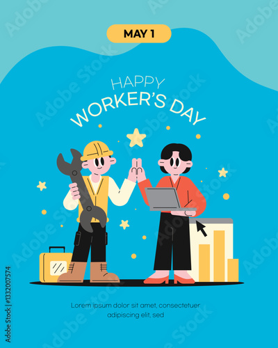 Happy Worker's Day Celebration Cute and simple style. Engineer, office worker.