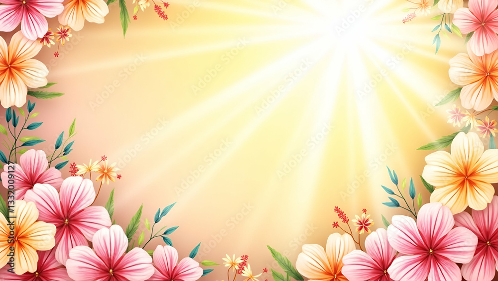 Obraz premium Bright summer seamless pattern with floral blooms and radiant sun beams for a lively cheerful vibe concept as Cheerful floral summer pattern with vibrant blooms and radiant sun beams perfect for brigh