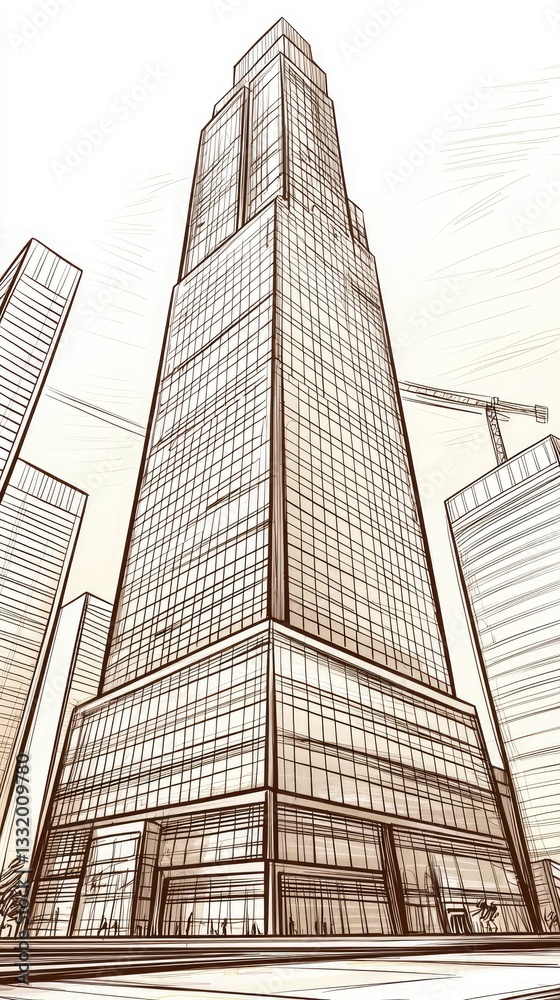 Fototapeta premium Sketch of skyscraper building in a city center with crane at work. Architecture and construction use