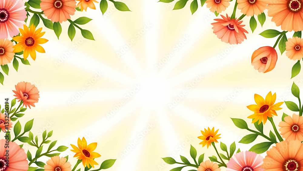 Obraz premium Cheerful Floral Summer Pattern with Vibrant Blooms & Sun Beams for Lively Designs in Photo Stock