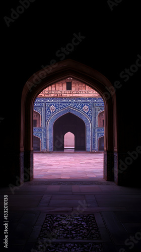 Ancient Mosque Courtyard  Sunlight filters through arched doorways revealing intricate blue tilework  a tranquil scene perfect for travel brochures