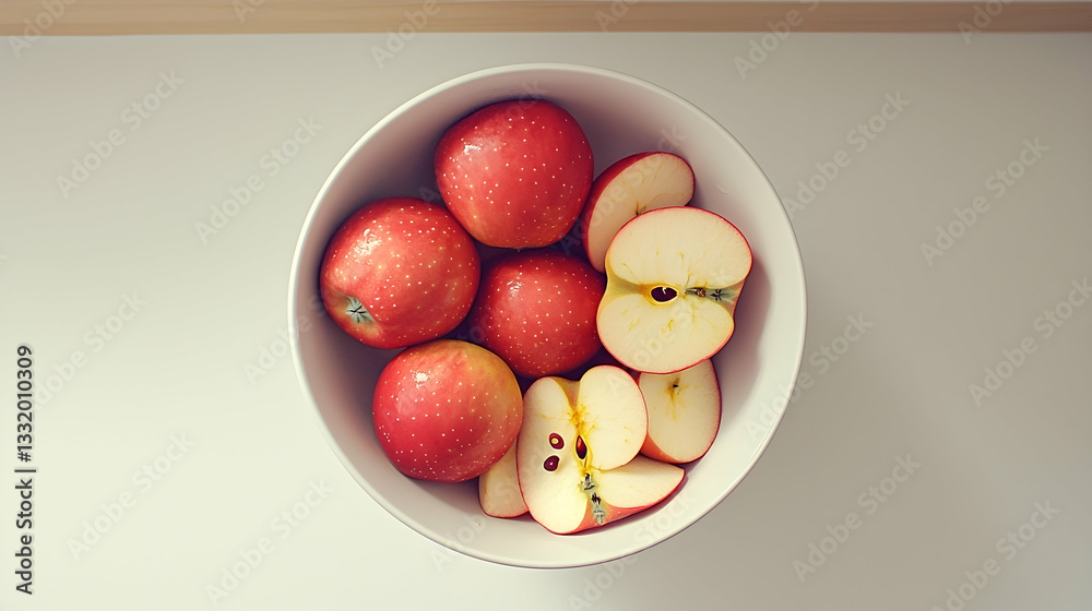 Red apples in bowl, kitchen counter, healthy snack, overhead view, food blog Red apples in bowl, kitchen counter, healthy snack, overhead view, food blog