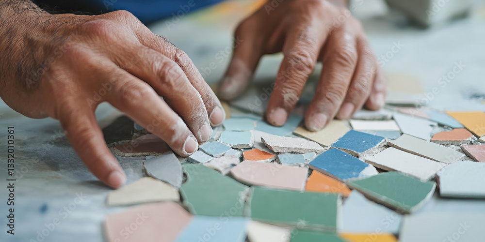 Fototapeta premium Hands Arranging Multicolored Mosaic Tiles