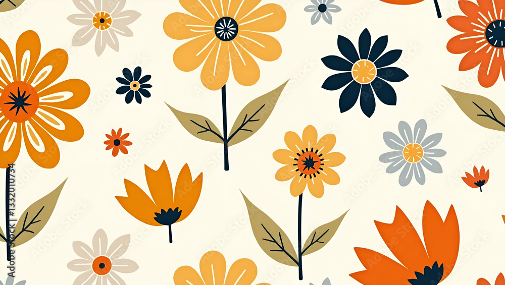 Vibrant Retro Floral Pattern: Seamless Spring Design with Stylized Blooms in Bright Colors for Vintage-Inspired Illustrations and Smart Business Concepts Vibrant Retro Floral Pattern: Seamless Spring Design with Stylized Blooms in Bright Colors for Vintage-Inspired Illustrations and Smart Business Concepts