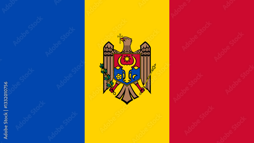 Fototapeta premium Moldovan flag featuring the national coat of arms with distinct blue, yellow, and red colors in a vibrant display