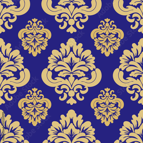 Damask seamless floral pattern, blue and gold color, vector illustration elegant for textile design, wall paper, bedding, curtain, cushion, upholstery fabric, luxury, vintage design, decoration