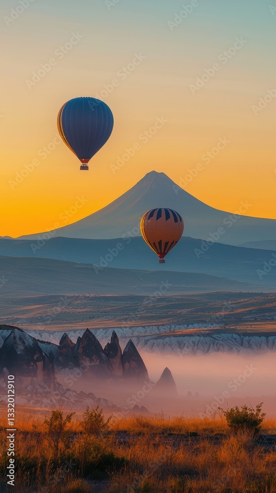 Fototapeta premium Serene sunrise hot air balloons over a misty desert landscape