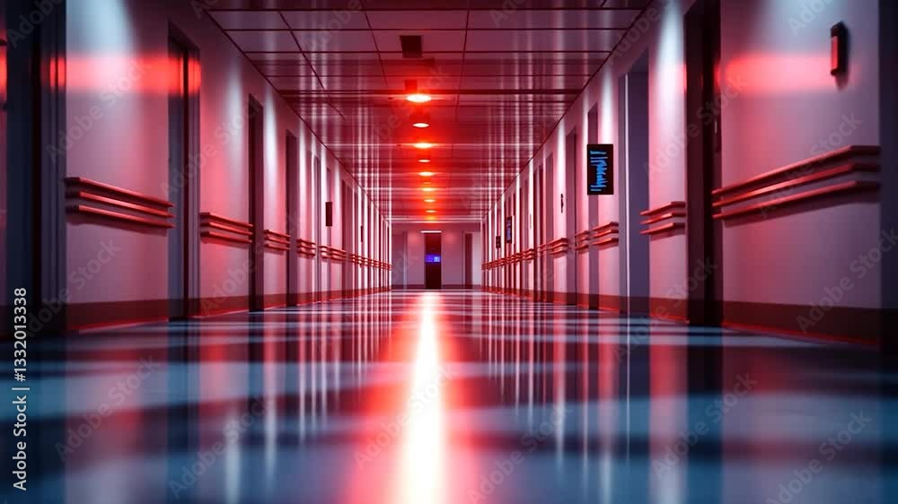 Dimly lit hospital corridor with red lighting, reflecting on the polished floor, creating a tense atmosphere Dimly lit hospital corridor with red lighting, reflecting on the polished floor, creating a tense atmosphere