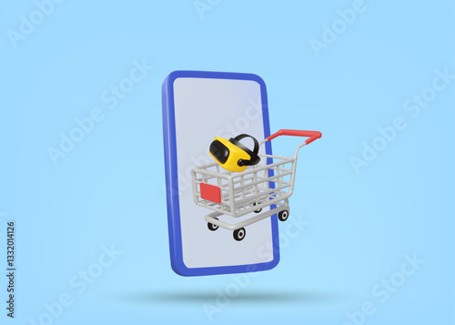 3D illustration vector render of mobile phone icon, shopping cart and VR glasses. Concept of shopping through virtual reality (VR) or augmented reality (AR) technology. Ecommerce, shopping experience.