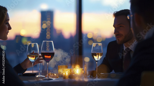 Formal business dinner with executives enjoying wine and city view