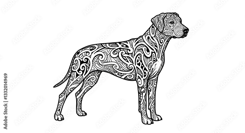 Fototapeta premium Standing Dog Illustration with Intricate Ornamental Pattern and Black Line
