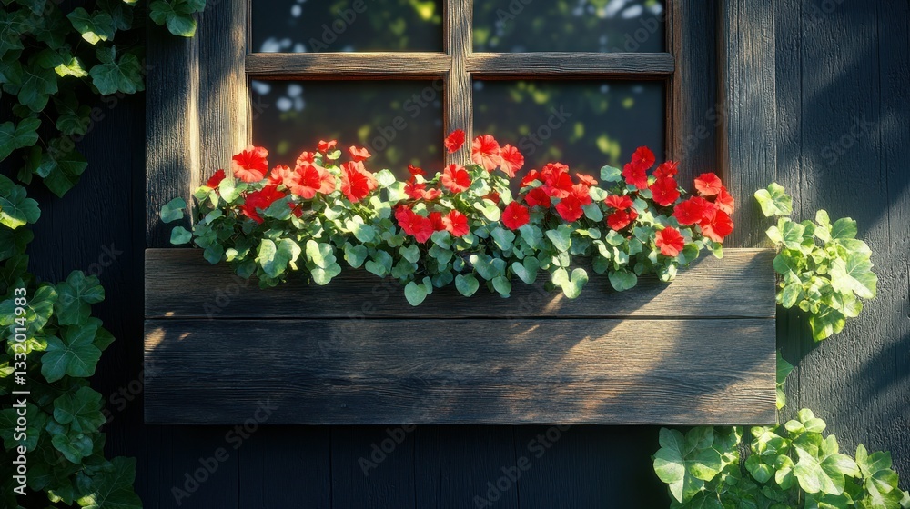 Naklejka premium Rustic window box with vibrant flowers