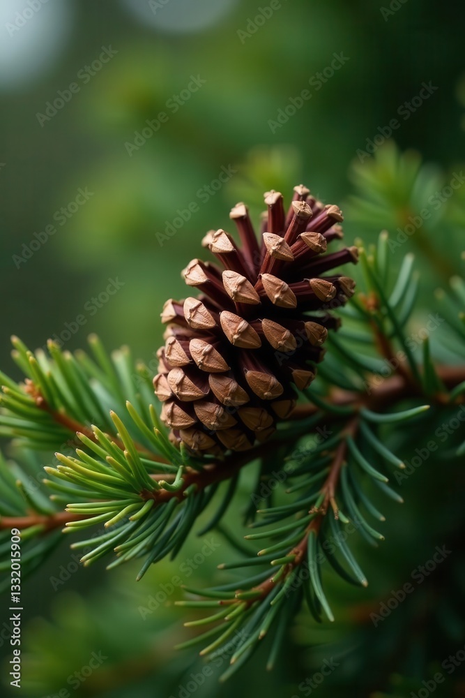 Mature pine cone resting on spruce branches, natural light, natural, spruce Mature pine cone resting on spruce branches, natural light, natural, spruce