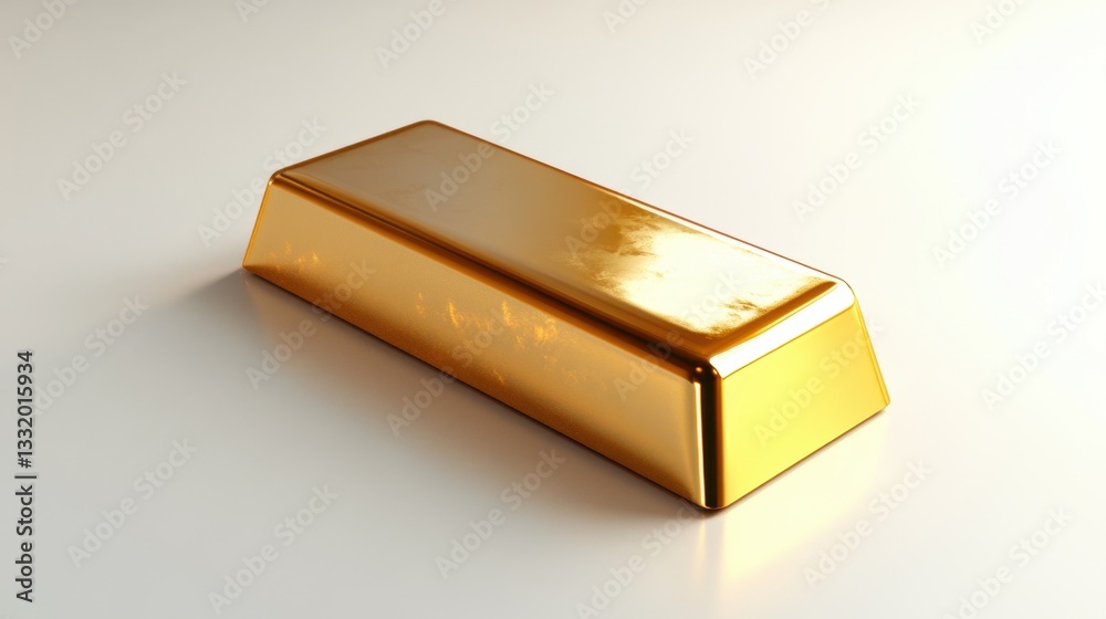 A single gold bar standing upright with its reflection mirrored on a glossy white background A single gold bar standing upright with its reflection mirrored on a glossy white background