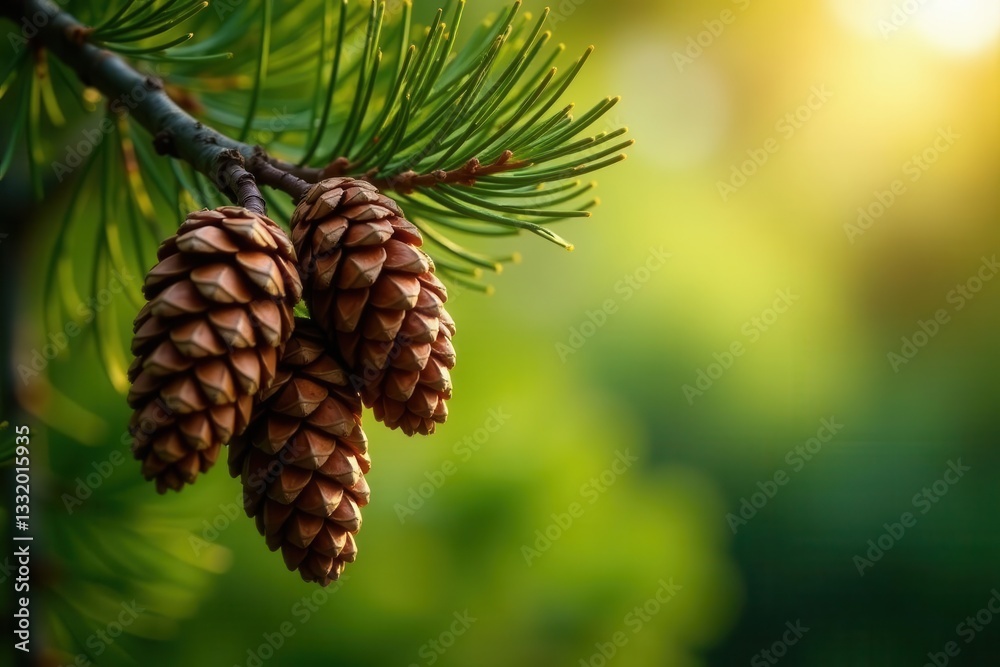 Mature pine cones clustered on a branch, sunlight dappled , evergreen, organic Mature pine cones clustered on a branch, sunlight dappled , evergreen, organic
