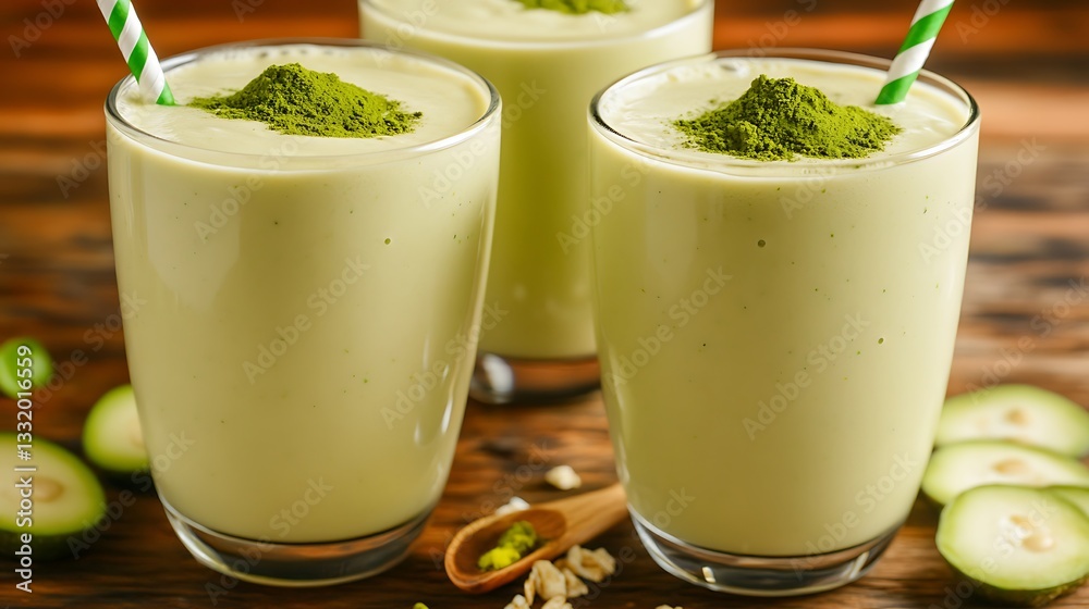 Three Healthy Smoothies Garnished With Green Powder And Straws Three Healthy Smoothies Garnished With Green Powder And Straws