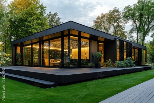 Modern black cube house illuminating surrounding green garden at dusk