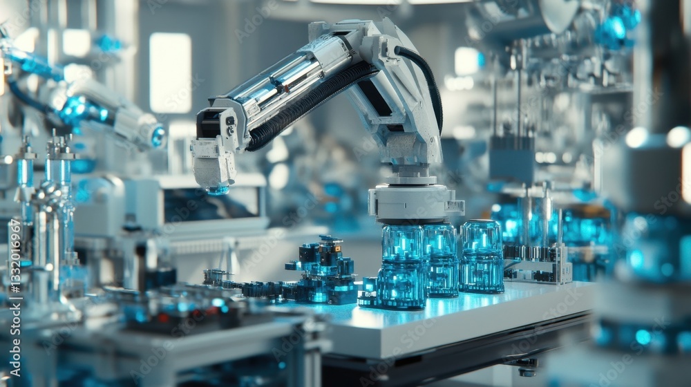 A sleek and modern smart factory with automated robotic assembly, presented with a futuristic background A sleek and modern smart factory with automated robotic assembly, presented with a futuristic background