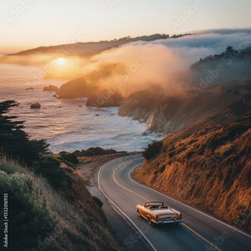 Coastal Drive at Sunset: Classic Car on Highway 1 along Big Sur's Dramatic Cliffs and Foggy Coastline.