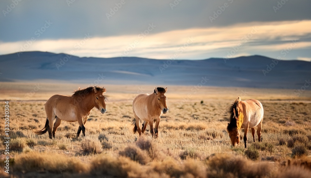 Obraz premium Przewalski’s horses roam freely across the vast Mongolian steppe, their sturdy bodies grazing on the tall grasses, embodying the spirit of the wild in this untouched landscape