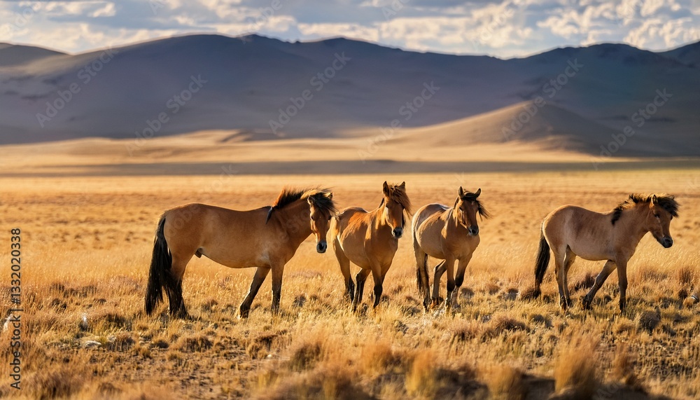 Fototapeta premium Przewalski’s horses roam freely across the vast Mongolian steppe, their sturdy bodies grazing on the tall grasses, embodying the spirit of the wild in this untouched landscape