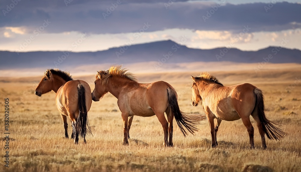Fototapeta premium Przewalski’s horses roam freely across the vast Mongolian steppe, their sturdy bodies grazing on the tall grasses, embodying the spirit of the wild in this untouched landscape