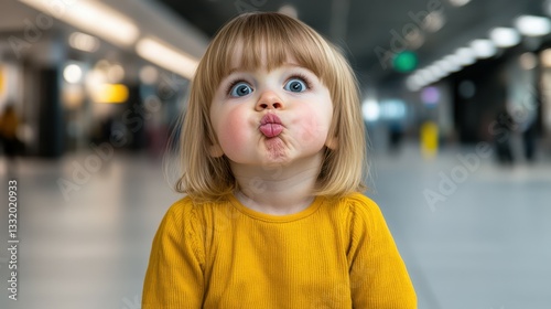 Wallpaper Mural Childmaking a funny face while waiting in an airport terminal during travel time with bright interior lighting Torontodigital.ca
