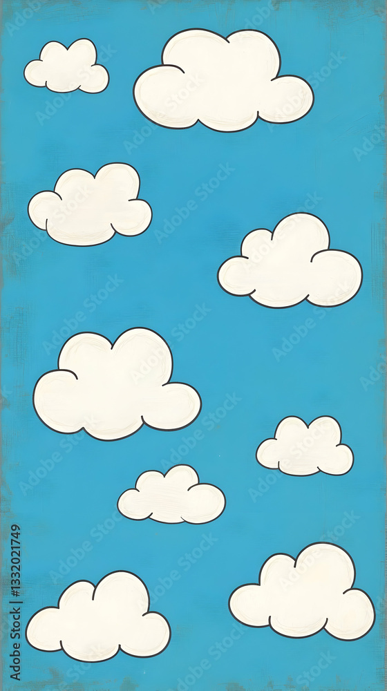 Obraz premium Cartoon clouds float across a blue sky; whimsical background for kids' projects