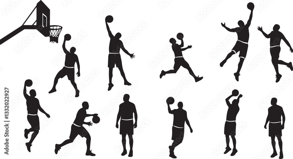 basketball player silhouette preparing to score in a hoop, perfect for depicting sports action, competition, or basketball-themed illustrations basketball player silhouette preparing to score in a hoop, perfect for depicting sports action, competition, or basketball-themed illustrations