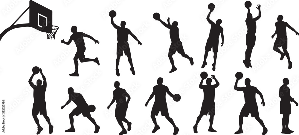 basketball player silhouette preparing to score in a hoop, perfect for depicting sports action, competition, or basketball-themed illustrations basketball player silhouette preparing to score in a hoop, perfect for depicting sports action, competition, or basketball-themed illustrations