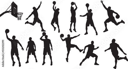 basketball player silhouette preparing to score in a hoop, perfect for depicting sports action, competition, or basketball-themed illustrations
