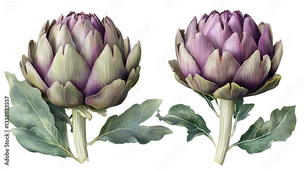 Fototapeta premium A photorealistic image of a whole and sliced fresh artichoke, featuring its purple core and green leaves, all placed against a transparent background.