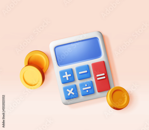3D modern calculator with golden coins isolated. Mathematics icon. Financial math device with money. Counting budget and savings concept. Cash and taxes, financial management. Vector illustration