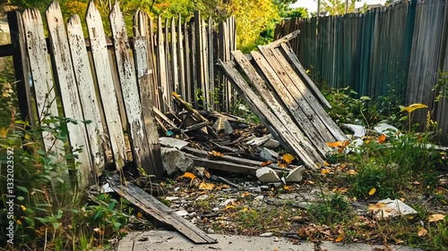 Dilapidated wooden fence and debris on an overgrown yard, symbolizes decay, neglect