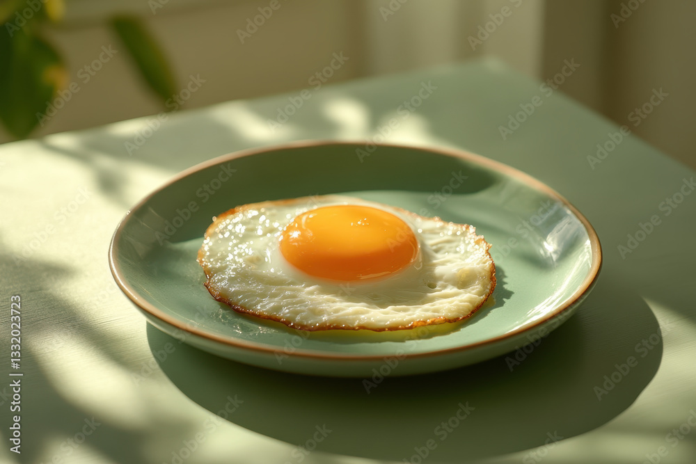 Plate with a fried egg, garnished with parsley, on white marble counter. Sunlight streams in, casting soft shadows. Plate with a fried egg, garnished with parsley, on white marble counter. Sunlight streams in, casting soft shadows.