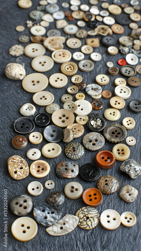Assorted buttons on dark surface, crafting background, hobby supplies, sewing project Assorted buttons on dark surface, crafting background, hobby supplies, sewing project