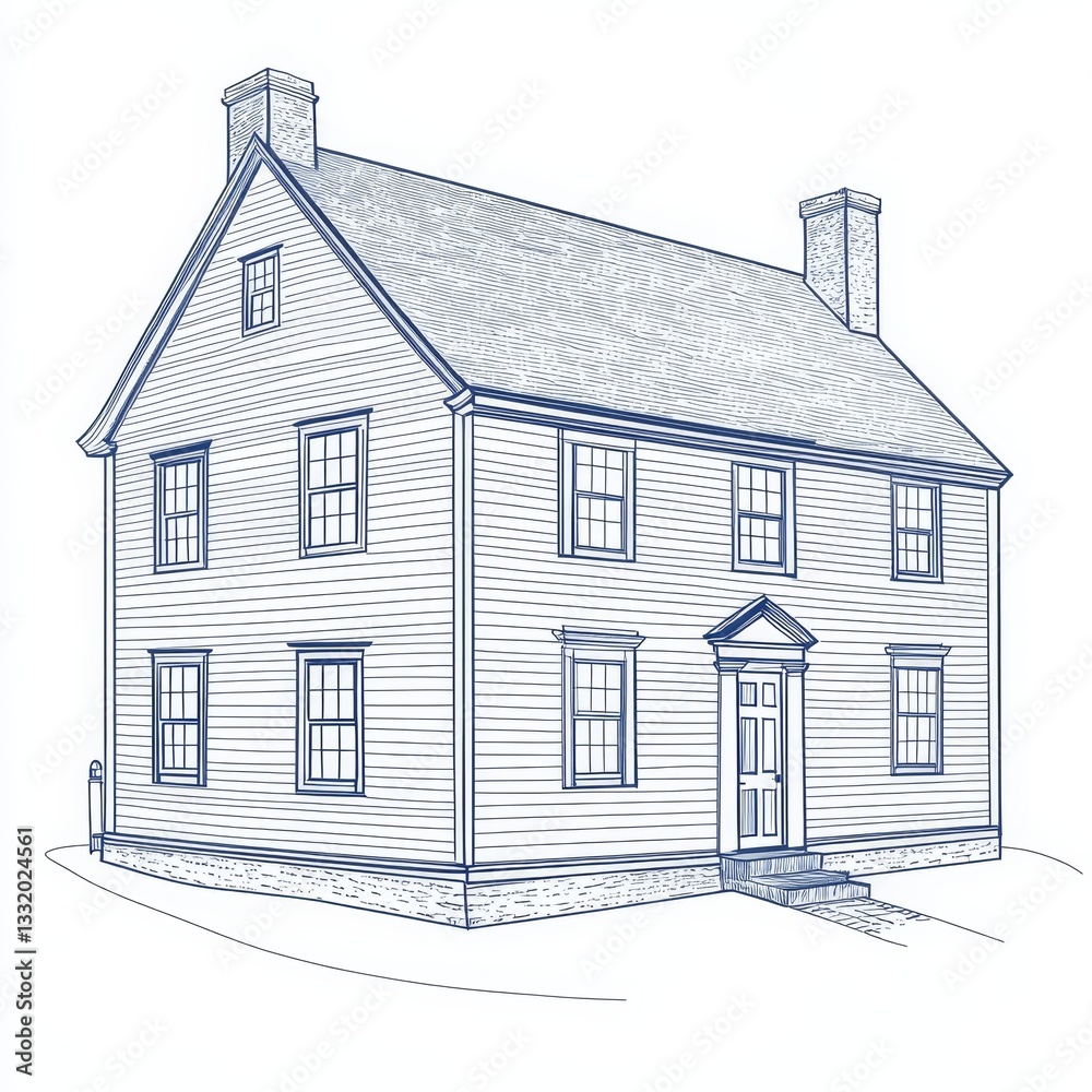 Colonial house architecture is illustrated in a modern hand drawn drawing Colonial house architecture is illustrated in a modern hand drawn drawing