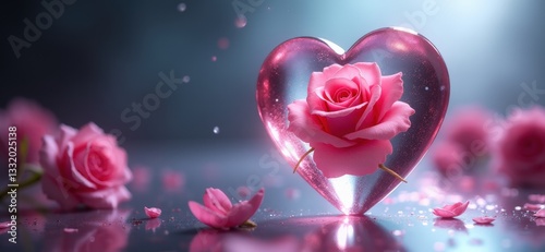 Mother’s Day, Valentine's day, birthday,wedding 3D Concept visualization, a sculpted crystal heart encasing a delicate pink rose