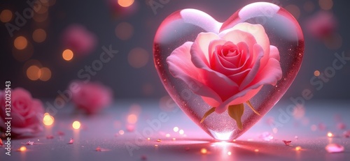 Mother’s Day, Valentine's day, birthday,wedding 3D Concept visualization, a sculpted crystal heart encasing a delicate pink rose