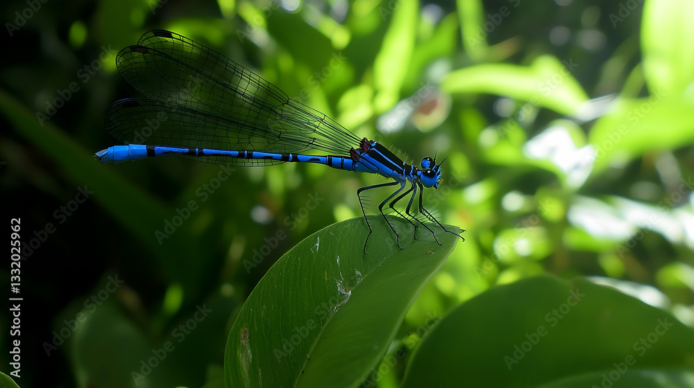 Azure damselfly perched on leaf, vibrant green foliage background. Nature photography for websites or publications Azure damselfly perched on leaf, vibrant green foliage background. Nature photography for websites or publications