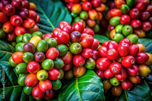 Vibrant macro photography reveals the botanical details of robusta coffee berries, highlighting their origin and agricultural significance.