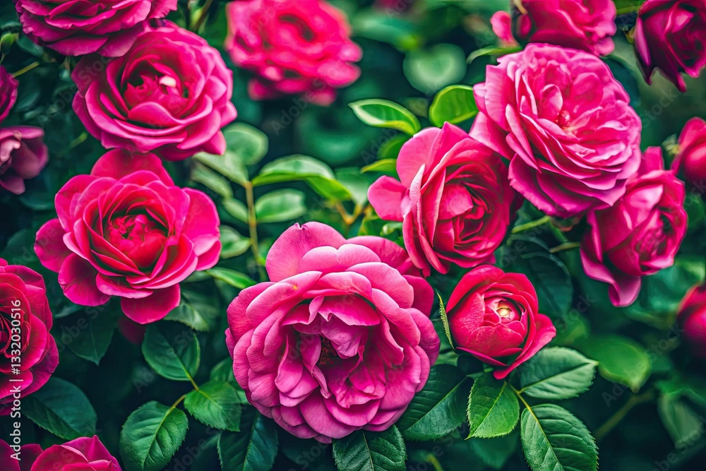 Obraz premium Vibrant pink wild roses bloom against dark green urban foliage; a toned, floral nature photograph.